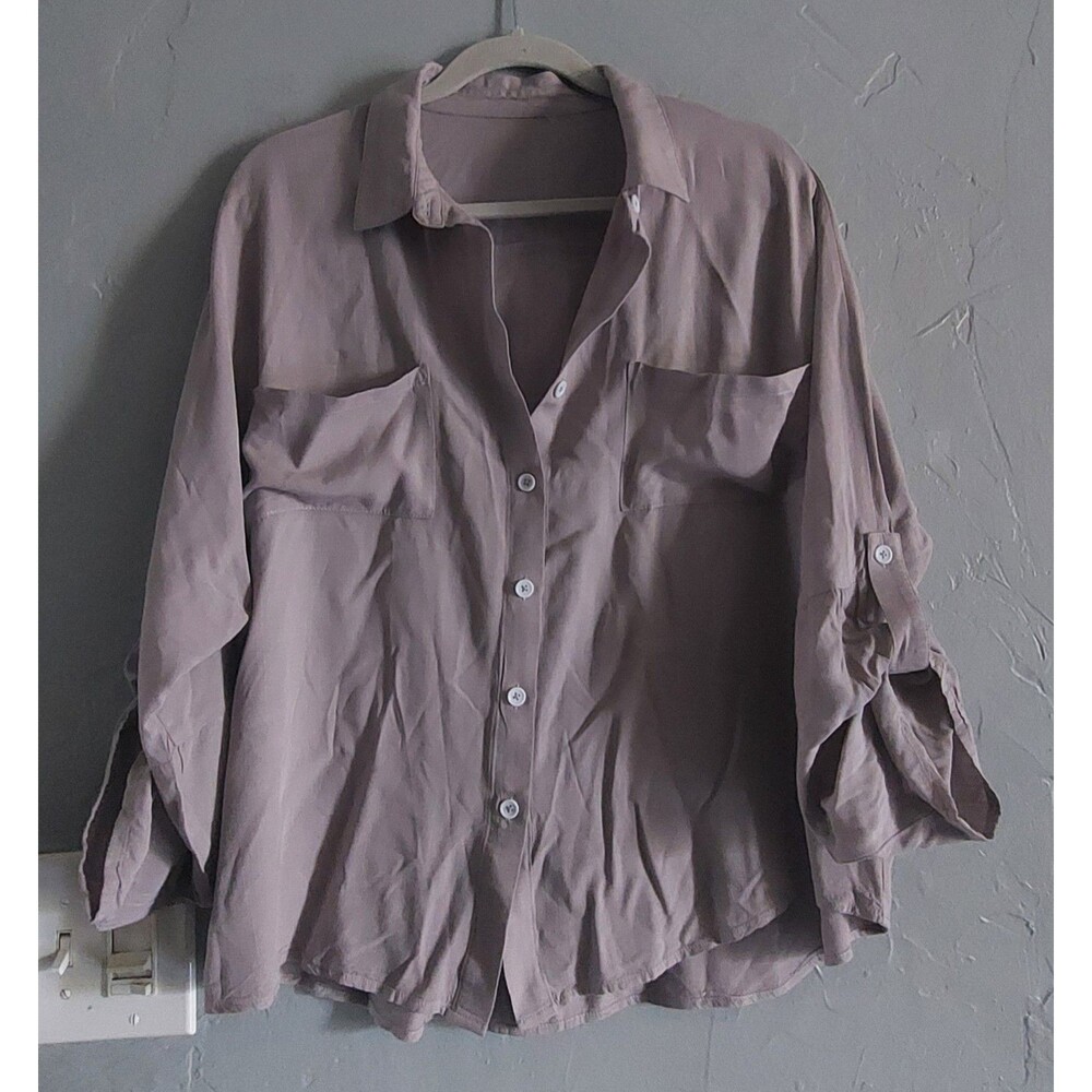 Grey Shirt Blouse Button Down Women's L,100% Rayón, Style Oversized